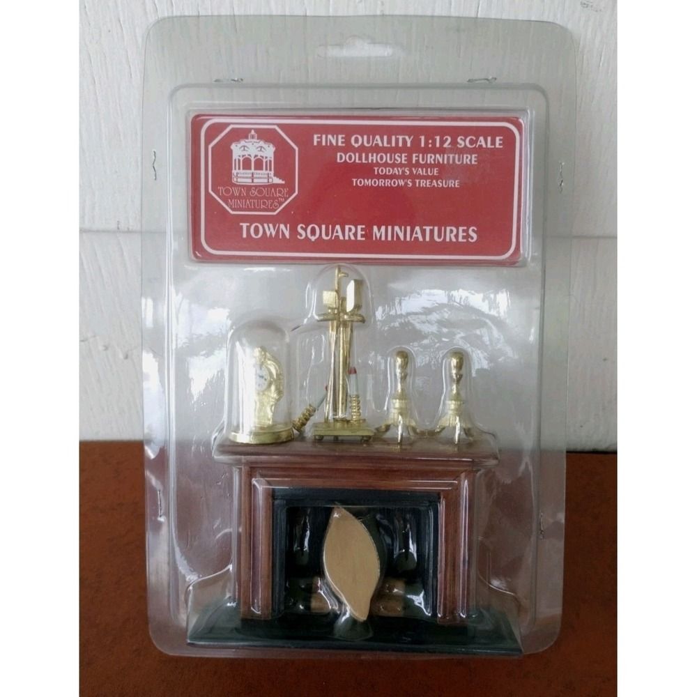 Dollhouse Fireplace Tools Mantle Clock TOWN SQUARE MINIATURES Cherry Wood NOS